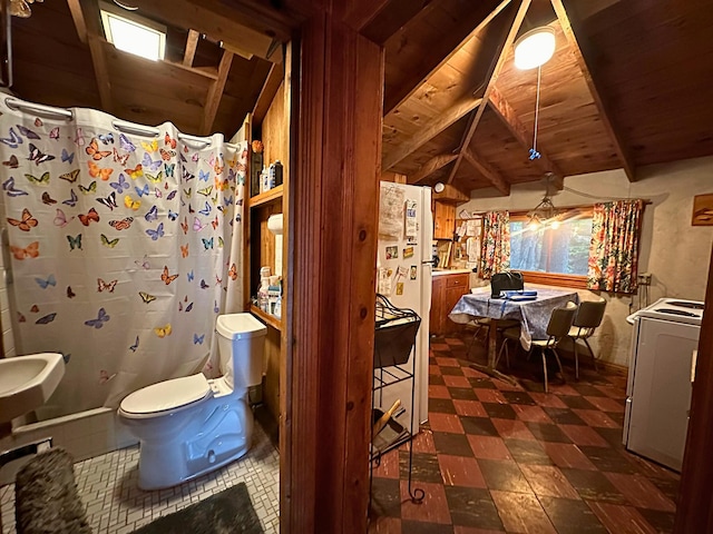63 Naples Rd, Harrison, ME 04040 - bathroom featuring toilet, wood ceiling with exposed beams, a shower with curtain, and tile patterned floors