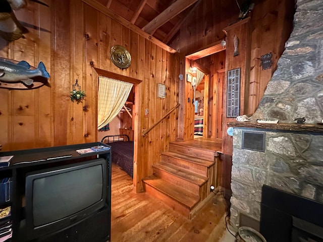 63 Naples Rd, Harrison, ME 04040 - stairs with wood finished floors, lofted ceiling, wooden walls, and wooden ceiling
