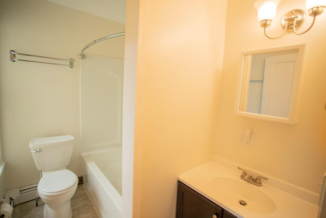 28 Pier St, Bangor, ME 04401 - bathroom with baseboard heating, vanity, toilet, a chandelier, and shower / washtub combination
