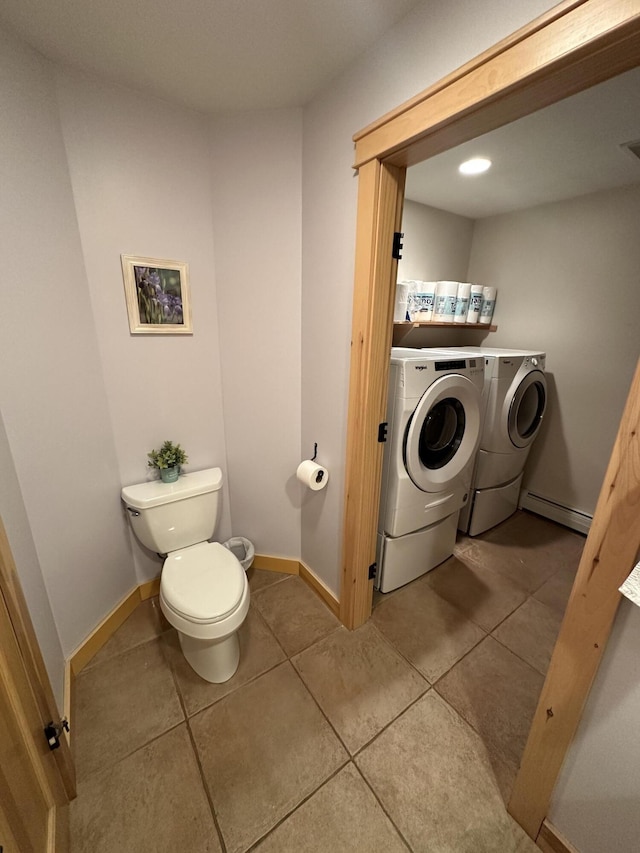 7 Ponderosa Ln, Biddeford, ME 04005 - half bathroom featuring washer and dryer, tile patterned floors, baseboard heating, toilet, and baseboards