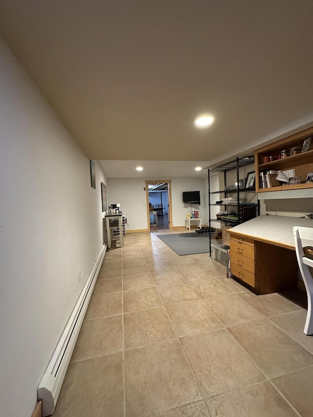 7 Ponderosa Ln, Biddeford, ME 04005 - kitchen with baseboard heating, light tile patterned flooring, open shelves, a desk, and recessed lighting