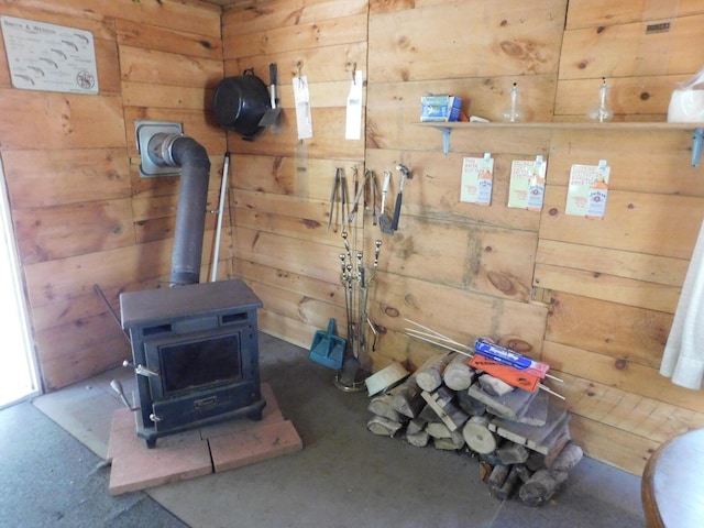 157 Bradley Ln, Mercer, ME 04957 - detailed view of a wood stove and wood walls