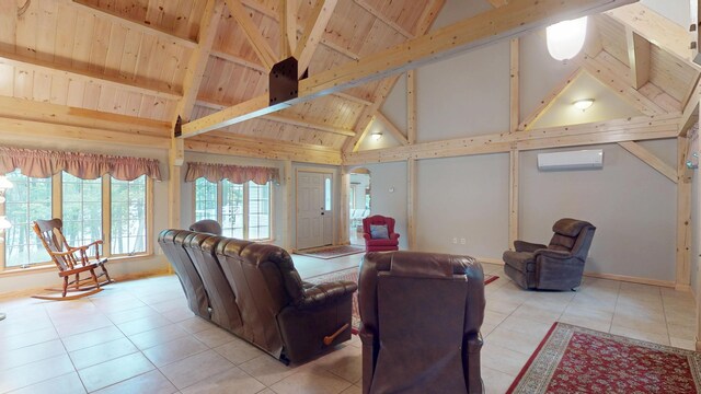 129 Maple Shore Ln, Stetson, ME 04488 - living area with a wall unit AC, tile patterned flooring, arched walkways, wooden ceiling with exposed beams, and baseboards