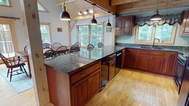 129 Maple Shore Ln, Stetson, ME 04488 - kitchen with a sink, light wood-style floors, decorative light fixtures, plenty of natural light, and wooden ceiling