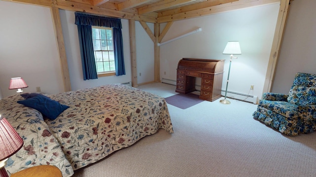 129 Maple Shore Ln, Stetson, ME 04488 - bedroom with a baseboard heating unit, carpet flooring, and beamed ceiling