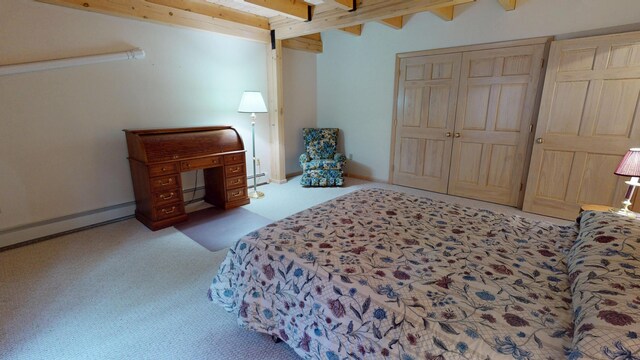 129 Maple Shore Ln, Stetson, ME 04488 - carpeted bedroom featuring a baseboard heating unit, beamed ceiling, a baseboard radiator, and a closet
