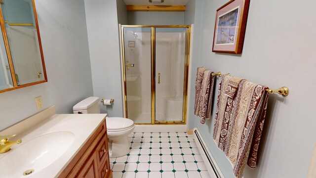 129 Maple Shore Ln, Stetson, ME 04488 - bathroom with a shower stall, toilet, a baseboard heating unit, vanity, and tile patterned floors