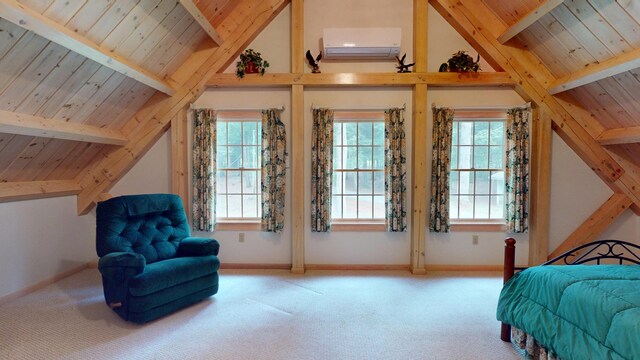 129 Maple Shore Ln, Stetson, ME 04488 - carpeted bedroom with a wall unit AC, wood ceiling, and baseboards