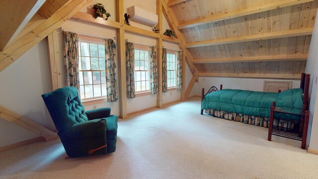 129 Maple Shore Ln, Stetson, ME 04488 - carpeted bedroom with a wall mounted air conditioner, baseboards, and wood ceiling