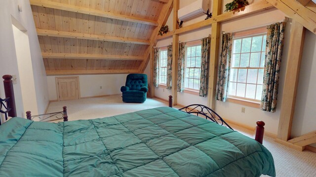 129 Maple Shore Ln, Stetson, ME 04488 - bedroom with carpet, an AC wall unit, wooden ceiling, and baseboards