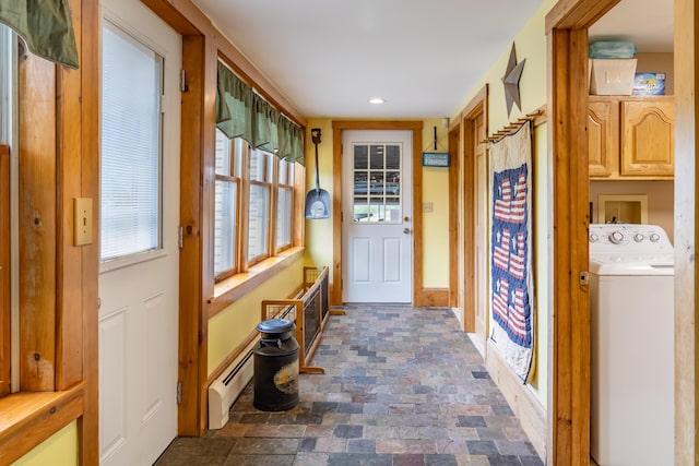 303 Williams Rd, Bradford, ME 04410 - entryway with washer / dryer, a baseboard radiator, plenty of natural light, and recessed lighting