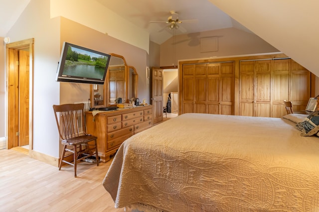 303 Williams Rd, Bradford, ME 04410 - bedroom with light wood-type flooring, lofted ceiling, and a ceiling fan