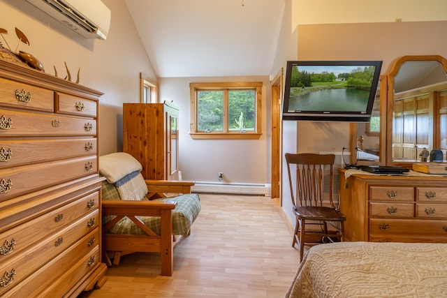 303 Williams Rd, Bradford, ME 04410 - bedroom featuring an AC wall unit, a baseboard radiator, vaulted ceiling, and light wood-style floors
