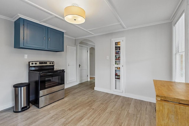 20 Donald St, Waterville, ME 04901 - kitchen featuring electric range, blue cabinets, arched walkways, light wood finished floors, and baseboards