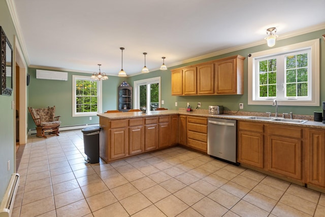 15 Convene Rd, Sebago, ME 04029 - kitchen with dishwasher, a sink, a baseboard heating unit, a wall mounted AC, and ornamental molding