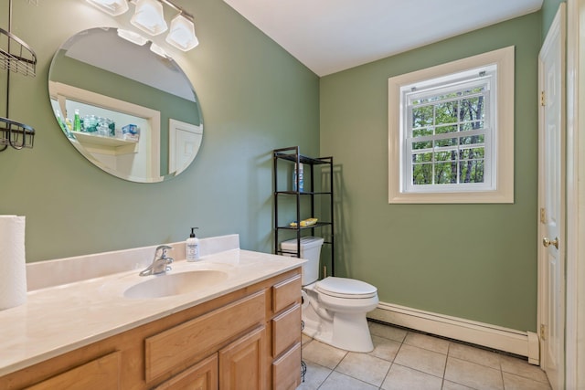 15 Convene Rd, Sebago, ME 04029 - bathroom featuring baseboard heating, tile patterned flooring, vanity, toilet, and baseboards