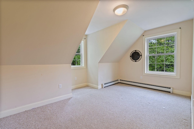 15 Convene Rd, Sebago, ME 04029 - bonus room with carpet, baseboards, a baseboard radiator, and vaulted ceiling