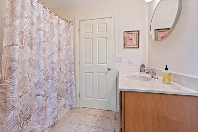15 Convene Rd, Sebago, ME 04029 - bathroom with vanity, tile patterned floors, and a shower with shower curtain