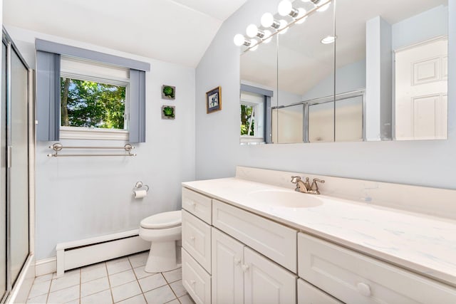 44 Yale St, Portland, ME 04103 - bathroom featuring a baseboard heating unit, lofted ceiling, vanity, a shower stall, and toilet