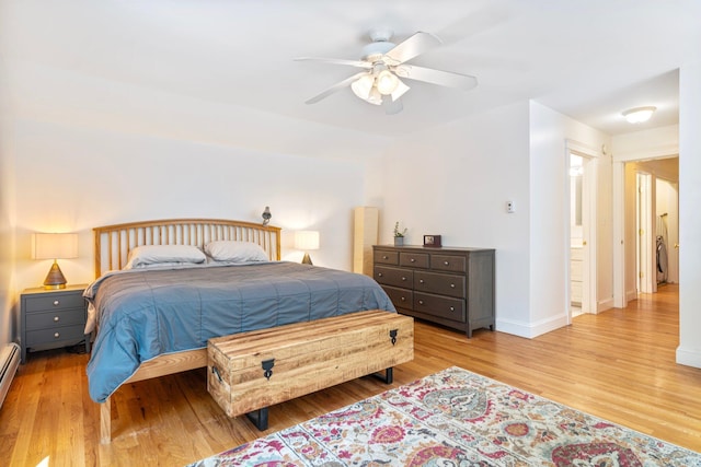 44 Yale St, Portland, ME 04103 - bedroom featuring light wood-style flooring, ceiling fan, a baseboard radiator, and baseboards