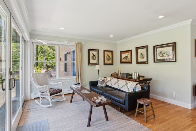 401 Princes Point Rd, Yarmouth, ME 04096 - living area featuring light wood-style floors, baseboards, ornamental molding, and recessed lighting