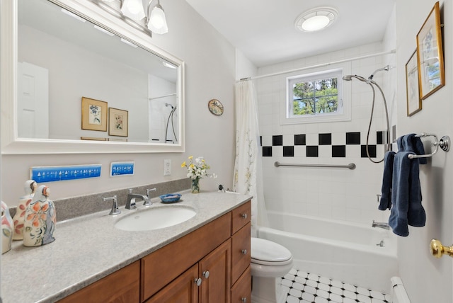 401 Princes Point Rd, Yarmouth, ME 04096 - full bathroom with vanity, toilet, shower / bathtub combination with curtain, and a baseboard heating unit