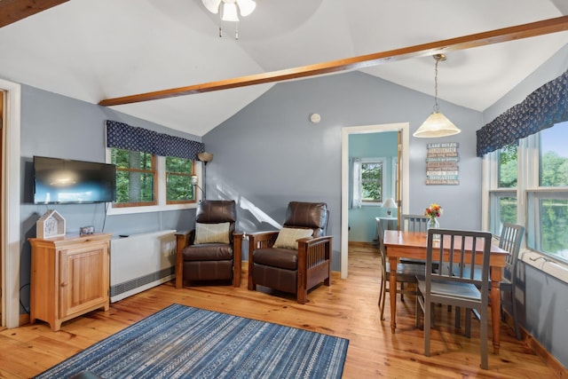 29 Island Pond Rd, Leeds, ME 04263 - living area featuring light wood-type flooring, vaulted ceiling, healthy amount of natural light, a ceiling fan, and radiator