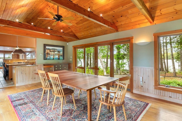 85 Provost Rd, Jefferson, ME 04348 - dining room with a wainscoted wall, light wood-type flooring, a ceiling fan, and wooden ceiling