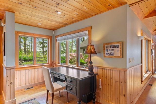 85 Provost Rd, Jefferson, ME 04348 - office space with wood finished floors, wood ceiling, wainscoting, wood walls, and recessed lighting