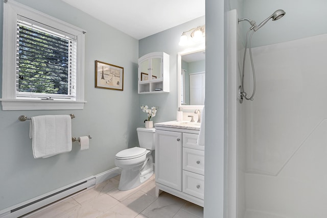 65 Pine Point Rd Unit 12, Scarborough, ME 04074 - full bath with baseboard heating, vanity, marble look tile flooring, a shower, and toilet