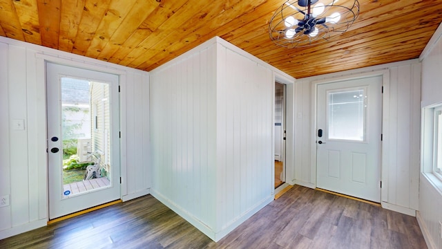 118 Riverside Dr, Auburn, ME 04210 - entryway with wooden ceiling, a chandelier, and wood finished floors