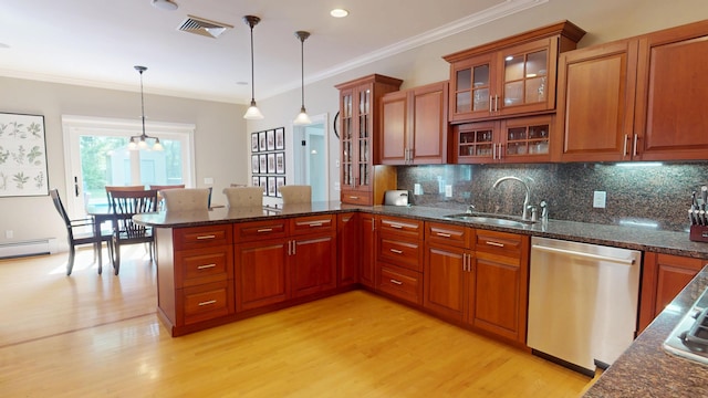 67 Joans Hill Rd, Bangor, ME 04401 - kitchen featuring dishwasher, a sink, a peninsula, light wood-style flooring, and pendant lighting