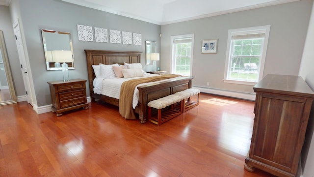 67 Joans Hill Rd, Bangor, ME 04401 - bedroom featuring a baseboard radiator, wood finished floors, baseboards, vaulted ceiling, and crown molding
