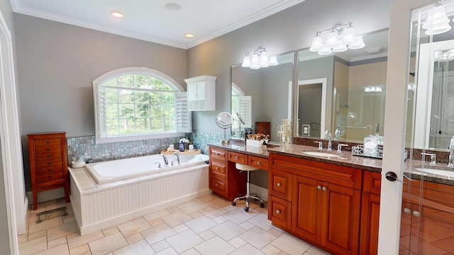 67 Joans Hill Rd, Bangor, ME 04401 - full bath with vanity, a garden tub, crown molding, a shower stall, and recessed lighting