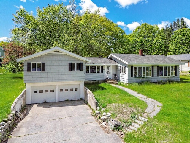 95 Riverview Dr, Gardiner, ME 04345 - ranch-style house with a garage, asphalt driveway, a front lawn, and roof with shingles
