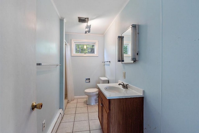 95 Riverview Dr, Gardiner, ME 04345 - bathroom featuring vanity, toilet, ornamental molding, curtained shower, and tile patterned flooring
