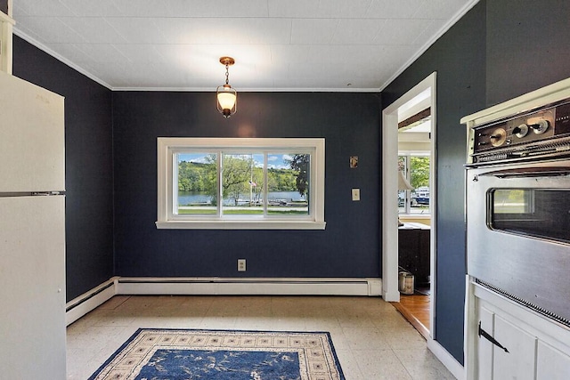 95 Riverview Dr, Gardiner, ME 04345 - unfurnished dining area with crown molding, light floors, a baseboard radiator, and baseboards