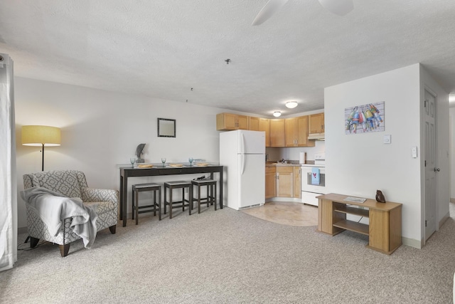 1801 Post Rd Unit 144, Wells, ME 04090 - living area featuring a textured ceiling, light colored carpet, ceiling fan, and baseboards