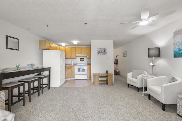 1801 Post Rd Unit 144, Wells, ME 04090 - living room featuring light carpet, ceiling fan, and a textured ceiling
