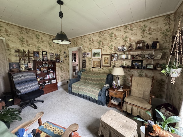 41 S Main St, Guilford, ME 04443 - living area with crown molding, wallpapered walls, and carpet flooring