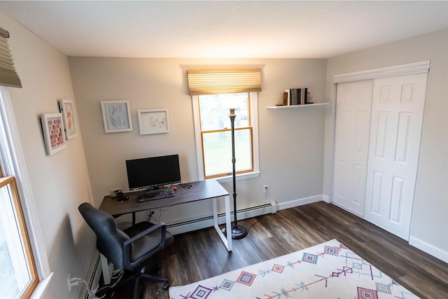 22 Penn Ave, Portland, ME 04103 - office with a baseboard heating unit, dark wood-type flooring, and baseboards