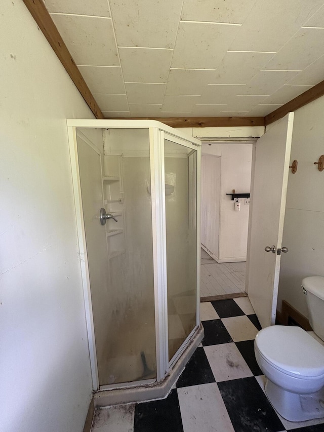66 Pleasant St, Passadumkeag, ME 04461 - bathroom with tile patterned floors, a stall shower, and toilet