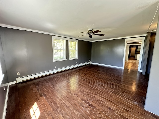 5 Grant Rd, Saint Albans, ME 04971 - empty room featuring baseboard heating, ceiling fan, baseboards, wood finished floors, and crown molding