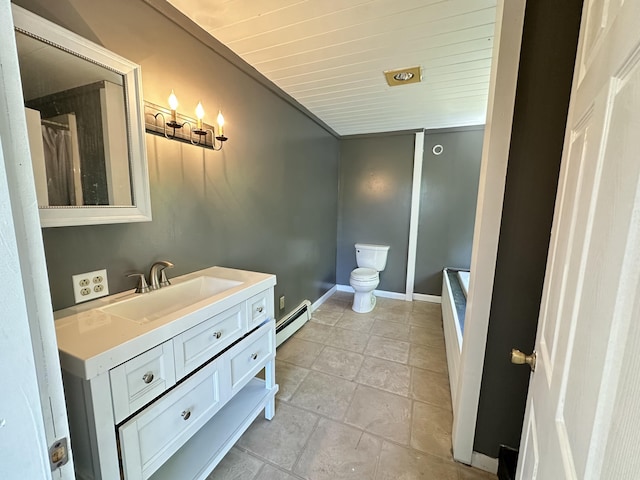 5 Grant Rd, Saint Albans, ME 04971 - full bath featuring baseboard heating, vanity, toilet, wooden ceiling, and a bath