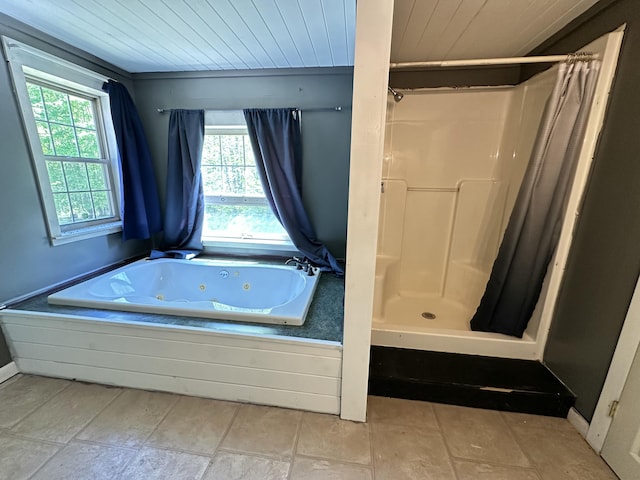 5 Grant Rd, Saint Albans, ME 04971 - full bathroom with a tub with jets, wooden ceiling, and a stall shower