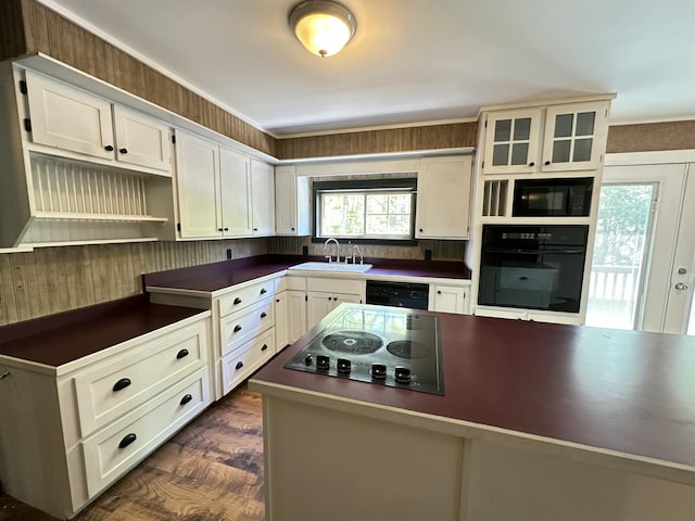 5 Grant Rd, Saint Albans, ME 04971 - kitchen with black appliances, dark countertops, a sink, open shelves, and dark wood-style flooring