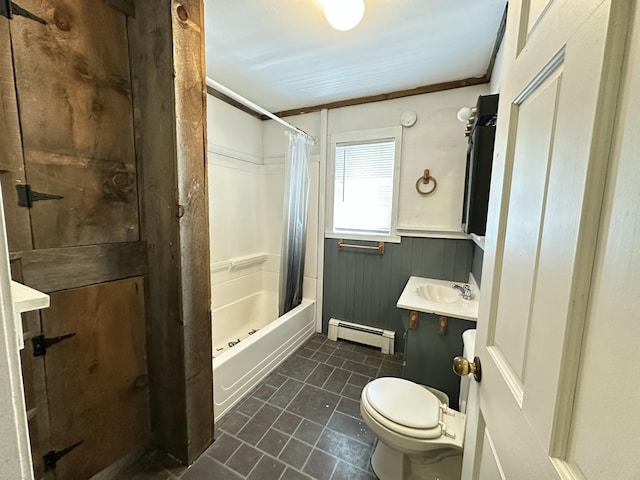 5 Grant Rd, Saint Albans, ME 04971 - bathroom featuring a baseboard heating unit, shower / bath combo, toilet, wainscoting, and vanity