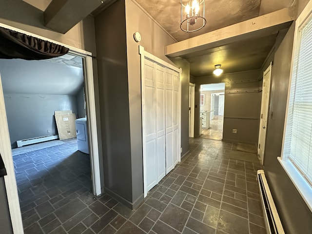 5 Grant Rd, Saint Albans, ME 04971 - hallway with baseboard heating, baseboards, and a chandelier