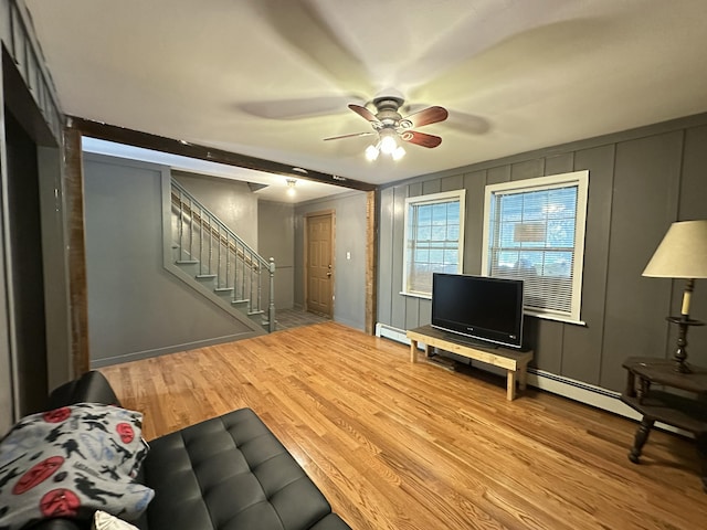 5 Grant Rd, Saint Albans, ME 04971 - living area featuring stairway, ceiling fan, wood finished floors, a decorative wall, and baseboard heating