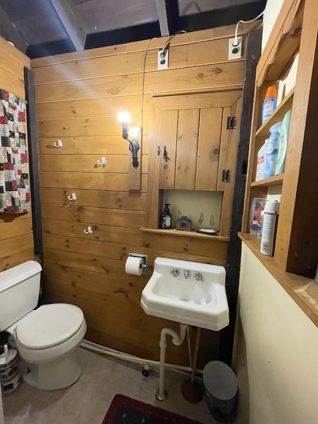 55 Sandy Bottom Rd, Turner, ME 04282 - half bathroom featuring toilet, wood walls, and a sink